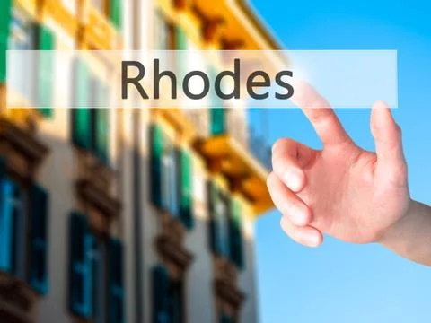 Rhodes - Hand pressing a button on blurred background concept on visual scree Stock Photos