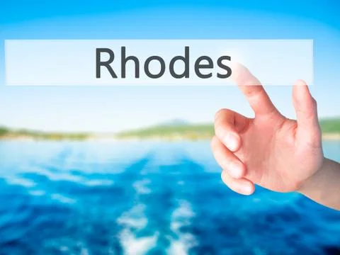 Rhodes - Hand pressing a button on blurred background concept on visual scree Stock Photos