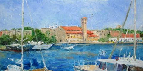 Rhodes harbour with ships in summer, oil painting Stock Illustration