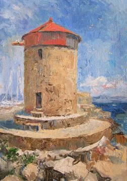 Rhodes mill near the sea, summer, Greece, oil painting Stock Illustration