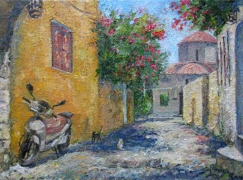 Rhodes summer street with cats, oil painting Stock Illustration