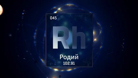 Rhodium as Element 45 of the Periodic Table 3D animation on blue background Video stock 126449399