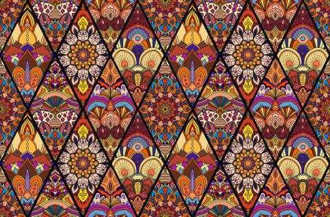Rhombus Boho Flower Tile Pattern 3 Stock Illustration