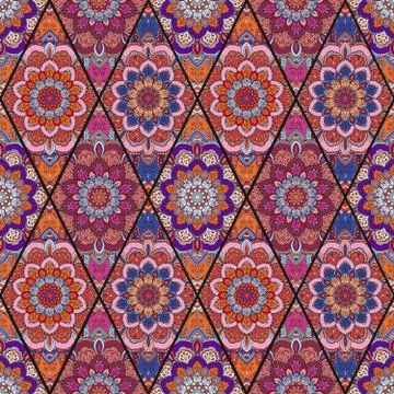Rhombus Boho Flower Tile Pattern Pink Blue Stock Illustration