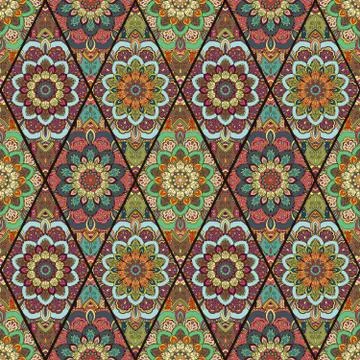 Rhombus Boho Flower Tile Pattern Stock Illustration