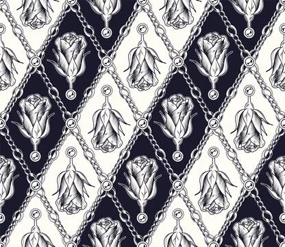 Rhombus diagonal pattern with chains, beads, roses. Stock Illustration