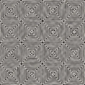 Rhombus Rough Hand Drawn Lines. Vector Seamless Black and White Pattern Stock Illustration