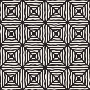 Rhombus Rough Hand Drawn Lines. Vector Seamless Black and White Pattern Stock Illustration