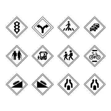 Rhombus Shaped Road Signs. Vector Icons. Traffic Light, Fork, Crosswalk, Tr.. Illustrazione stock