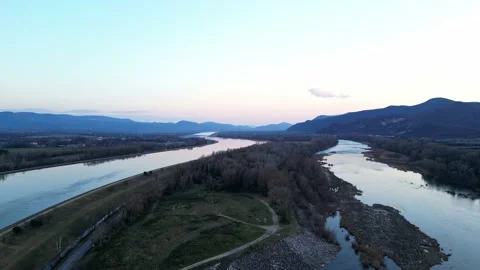 Rhone River, branched into two channels. Drone view of the Rhone riverbed. Video stock 234226582