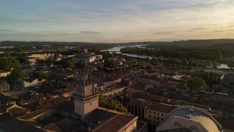 Rhône river flow around Avignon France medieval city Europe aerial drone Stock Footage 341841574