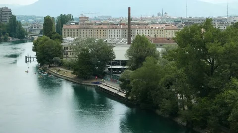 Rhone river at the “Pointe de la Jonction” pontoon Video stock 135690587