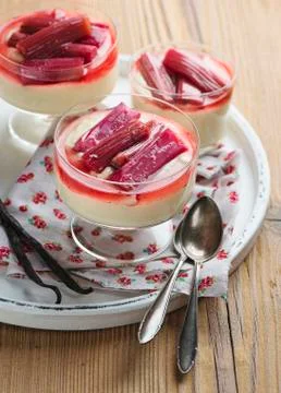 Rhubarb compote with vanilla pudding Stock Photos