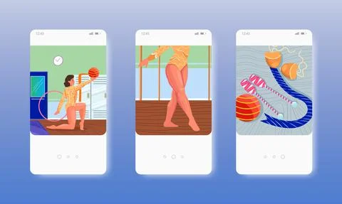 Rhythmic gymnastics performance. Girl dancing with ball. Mobile app screens Illustrazione stock