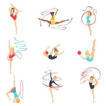 Rhythmic Gymnasts Training With Different Apparatus Stock Illustration