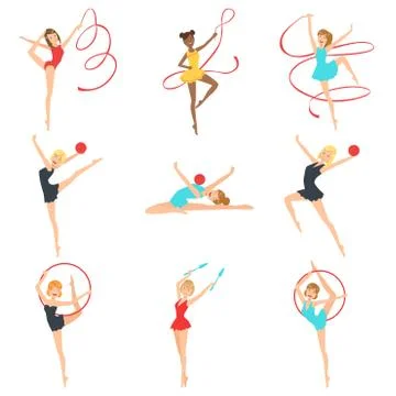 Rhythmic Gymnasts Training With Different Apparatus Stock Illustration
