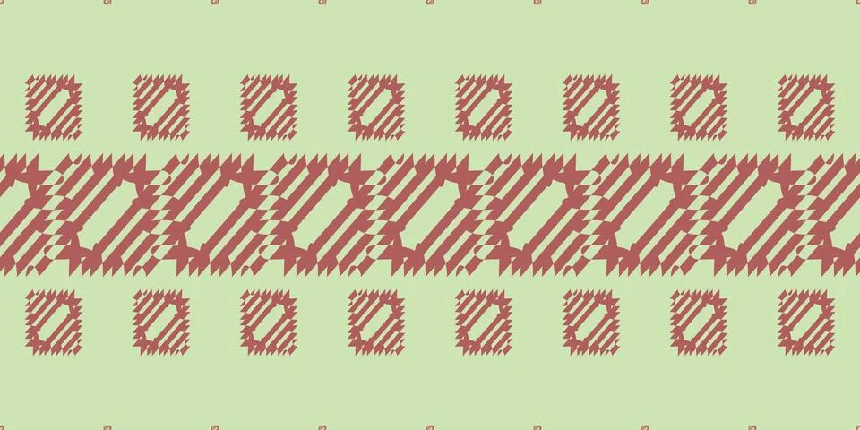 A rhythmic red folk-inspired pattern combines striped geometric bands and r.. Stock Illustration