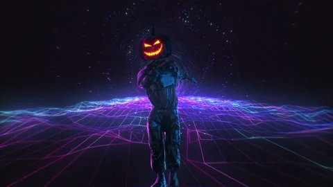 A rhythmically dancing guy with a pumpkin head and orange glowing eyes on a blue Stock Footage 140130695