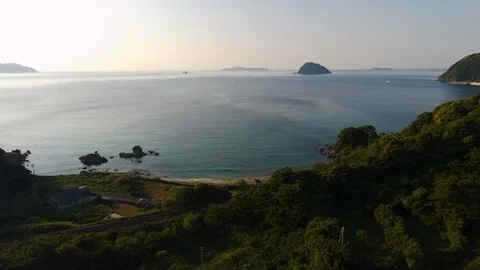 Ria shoreline direct ocean view in rural area west Japan , aerial Stock Footage 108043977