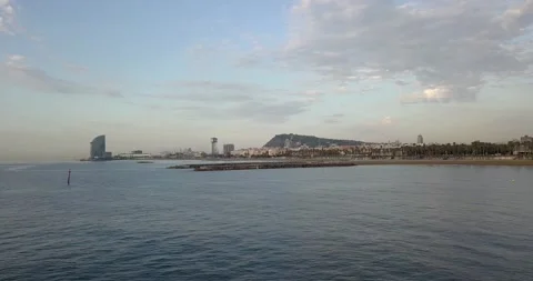 Rial Static ocean Barcelona Beach Hotel W and aeri del port distant view Stock Footage 161133645