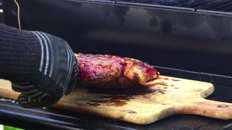 Rib Eye Beef Steak on Chopping Board. Inspected on both sides. Stock Footage 250157925