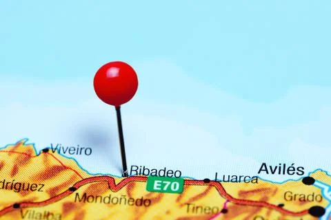 Ribadeo pinned on a map of Spain Foto stock