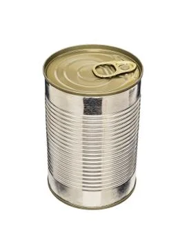 Ribbed cylindrical tin can with pull tab isolated on white background. Stock Photos