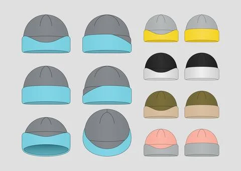 Ribbed Knit Beanie Hat Technical Flat Design Template Two-Tone Winter Cap Mockup 库存插图