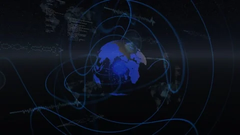 Ribbon activation driving 3D globe rotating, rings expanding, panels sliding to Stock Footage 328384538
