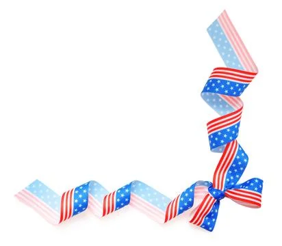Ribbon bow with American flag pattern isolated on white, top view Stock Photos