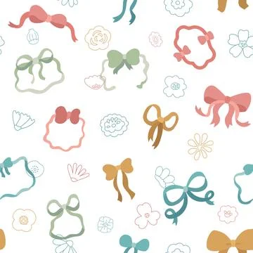 Ribbon bow seamless pattern set featuring flower petal blossom plant knot loo Stock Illustration