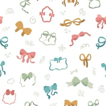 Ribbon bow seamless pattern set featuring heart cloud spiral swirl squiggle k 库存插图