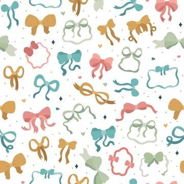 Ribbon bow seamless pattern set featuring heart star dot sparkle knot loop ta Stock-Illustration