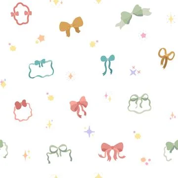 Ribbon bow seamless pattern set featuring star sparkle dot knot loop tail cur Stock Illustration
