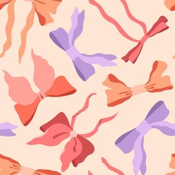 Ribbon bows vector seamless pattern. Cute modern repeat tile. Red, lilac, orange Stock Illustration
