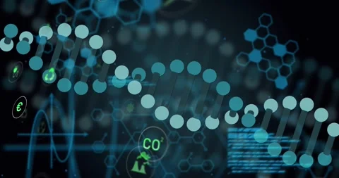 Ribbon emerging left starting helix forming nodes popping icons pulsing code Stock Footage 329550656