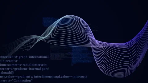 Ribbon entering left, arching right while code panels multiplying, blurring, Stock Footage 334337469