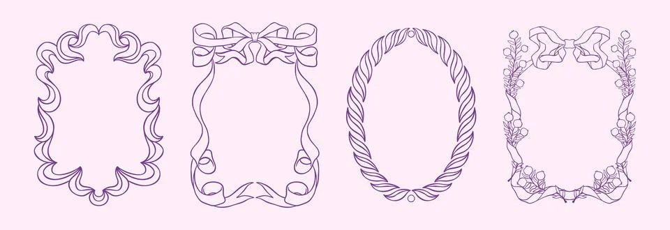 Ribbon frame set. Bow border, cute valentine hand drawn invite card or wedding Stock Illustration