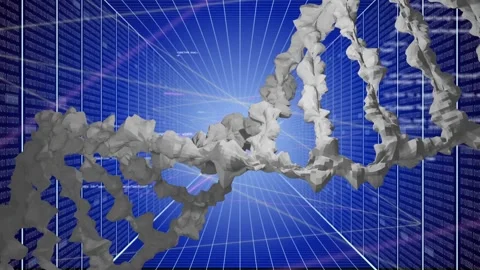 Ribbon helix entering left, rotating and moving forward, triggered by central Stock Footage 335739448