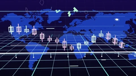 Ribbon initiating 3D data viz, grid rising, candles appearing, nodes linking, Stock Footage 335637214