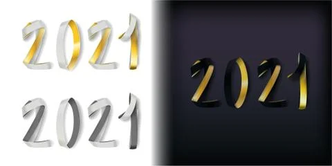 Ribbon numerals happy new year 2021 in three color versions: white and gold,  Illustrazione stock