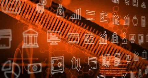 Ribbon slide starting, white-line finance icons shifting, scaling, fading and Stock Footage 328685534