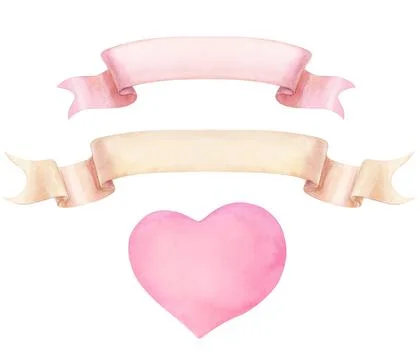 Ribbons and heart, decorative elements, watercolor illustration Stock Illustration