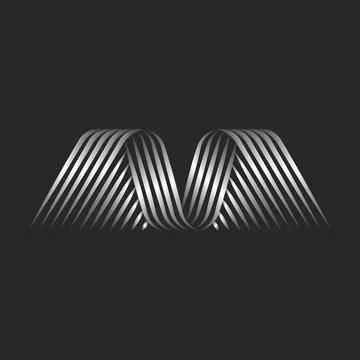 Ribbons shape letter M logo monogram with curls of thin stripes of metallic.. イラスト素材