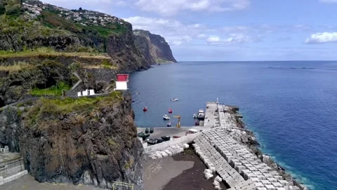 Ribeira Brava Bay - A Drone Overflight of the Fishing Port Stock Footage 277958989