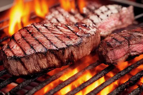 Ribeye steaks cooked on a fire grill. Grilled beef steaks with flame. Close up. Stock Illustration