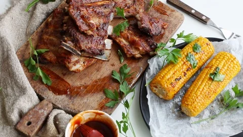 Ribs with fresh herbs Stock Footage 89753432