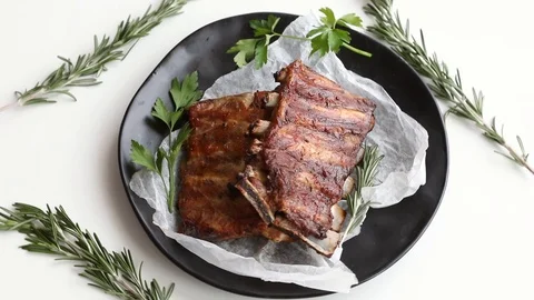 Ribs with fresh herbs Stock Footage 89753468