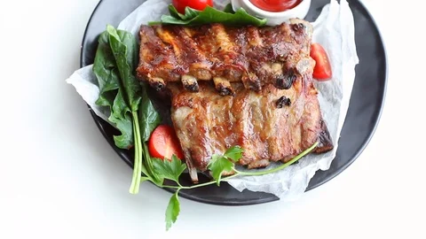 Ribs with fresh herbs Stock Footage 89753662