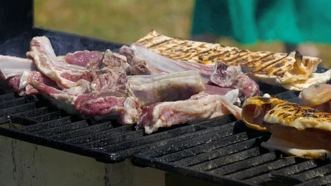Ribs fried next to grilled fish 스톡 동영상 123582489